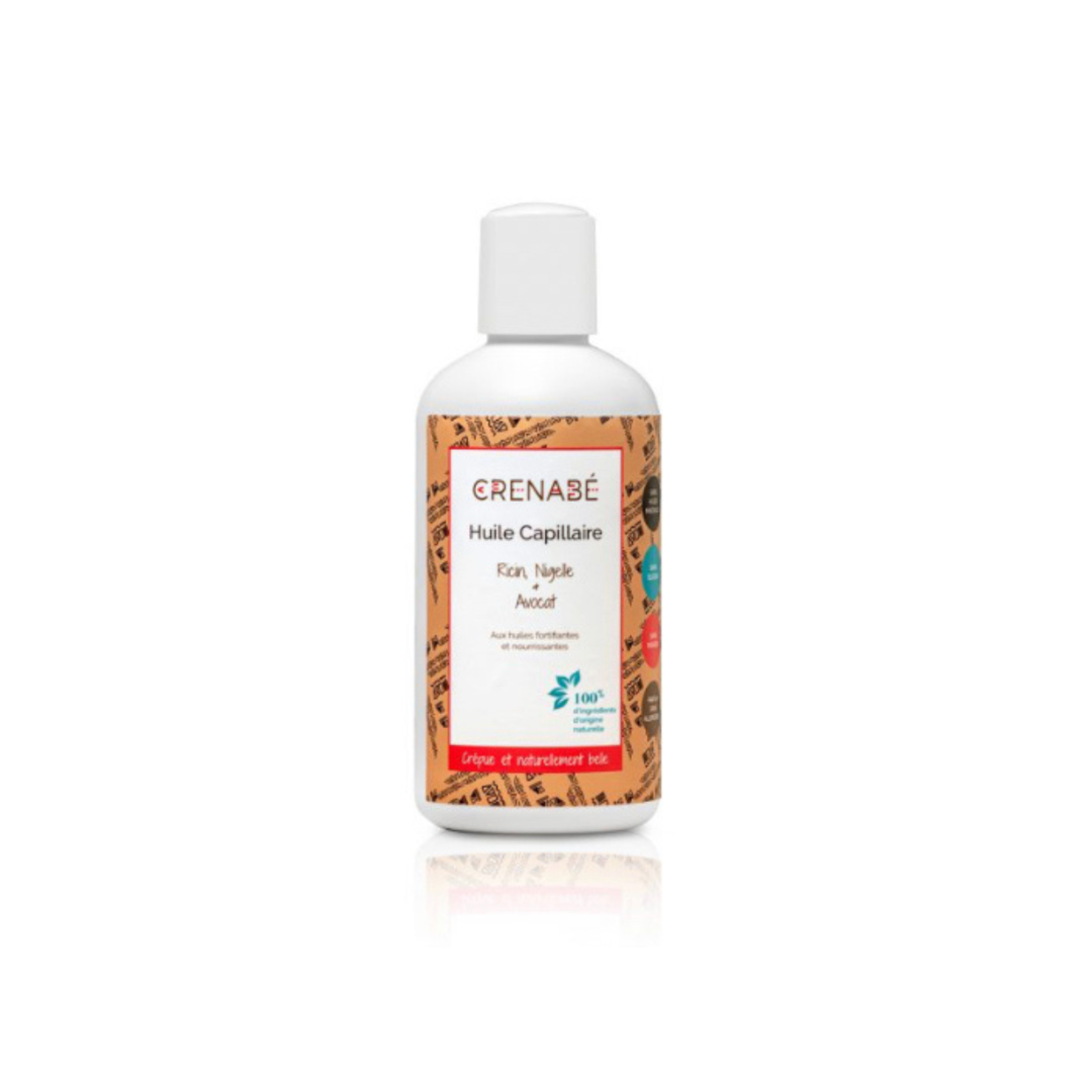 bouteille d'huile capillaire Crenabé Ricin Nigelle et Avocat pour cheveux forts et brillants